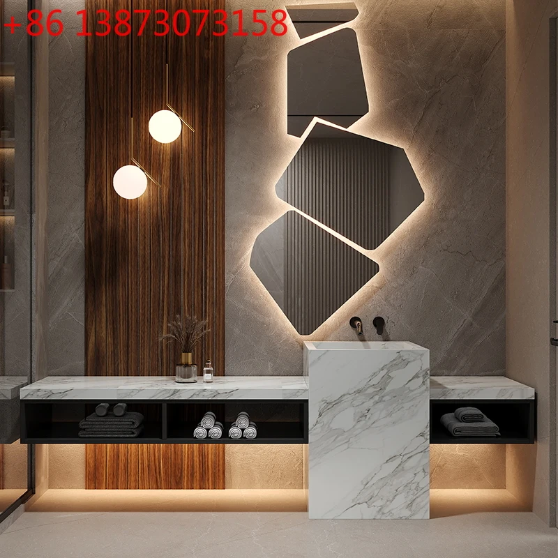 

Rock slab integrated seamless basin hotel villa light luxury high-end bathroom floor-to-ceiling hand wash face wash basin custom