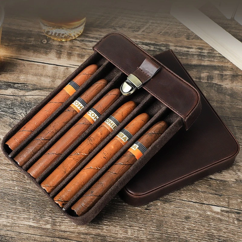 

Leather Carry-On Cigar Bag Portable Six-Pack Cigar Box Lock Drawer Handmade Cigar Storage Box