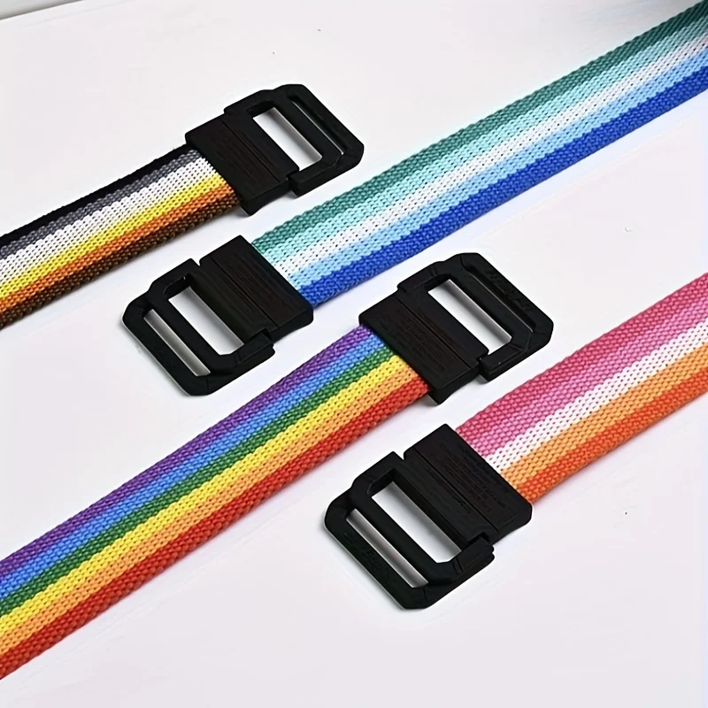 Siebenfarbiger Regenbogen-Canvas-Gürtel mit doppelter Ringschnalle für Damen und Herren, lässiger Hosengürtel – Detail 10