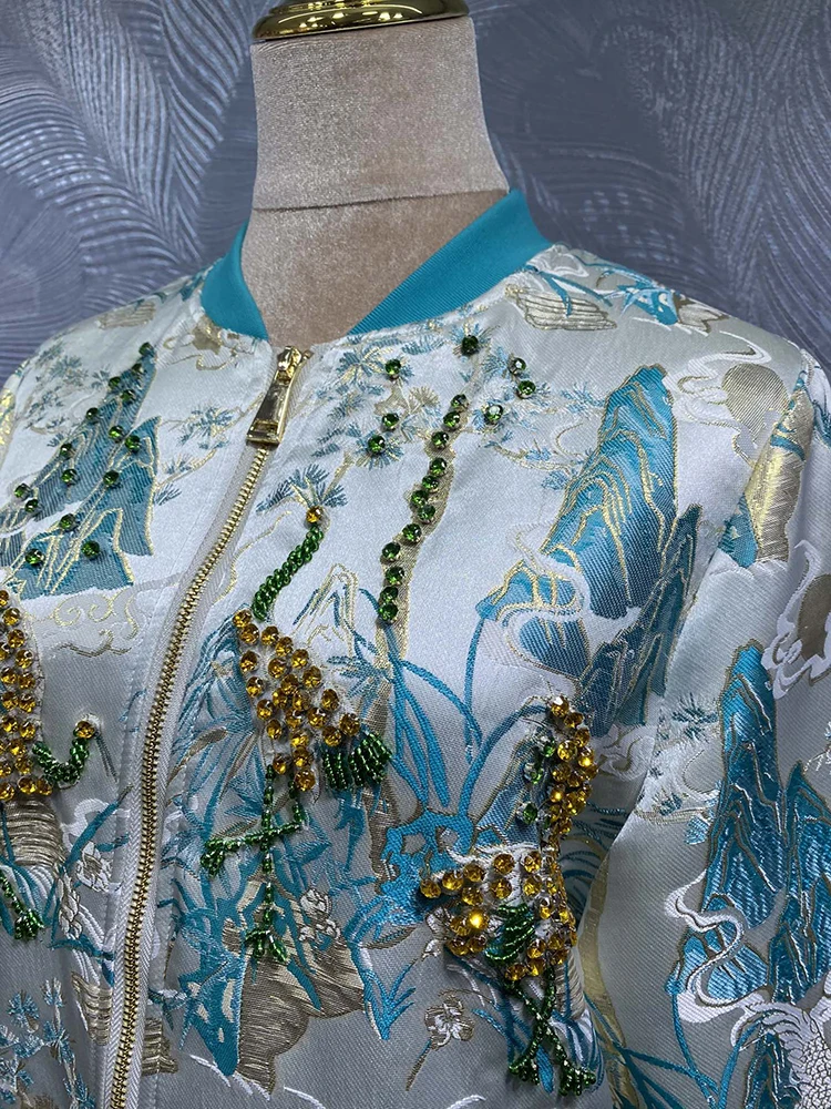 DLDENGHAN Diamanti Perline Cappotti Per Le Donne O-Collo Tasche A Maniche Lunghe Stile Cinese Jacquard Tuta Sportiva Autunno Femmine