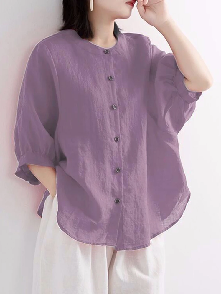 ZOKI Casual Cotton Linen Shirts Oversize Summer Lantern Half Sleeve Tops Summer Korean Loose Mom Button Up Blouse Dropshipping