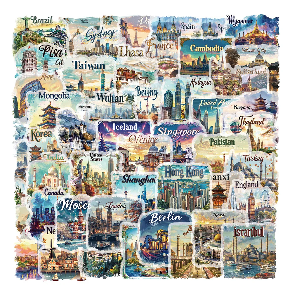 50PCS Creative Hand drawn Travel Scene Stickers, Small Fresh, Computer Luggage, Handheld Ledger Decoration, Cross border Sticker