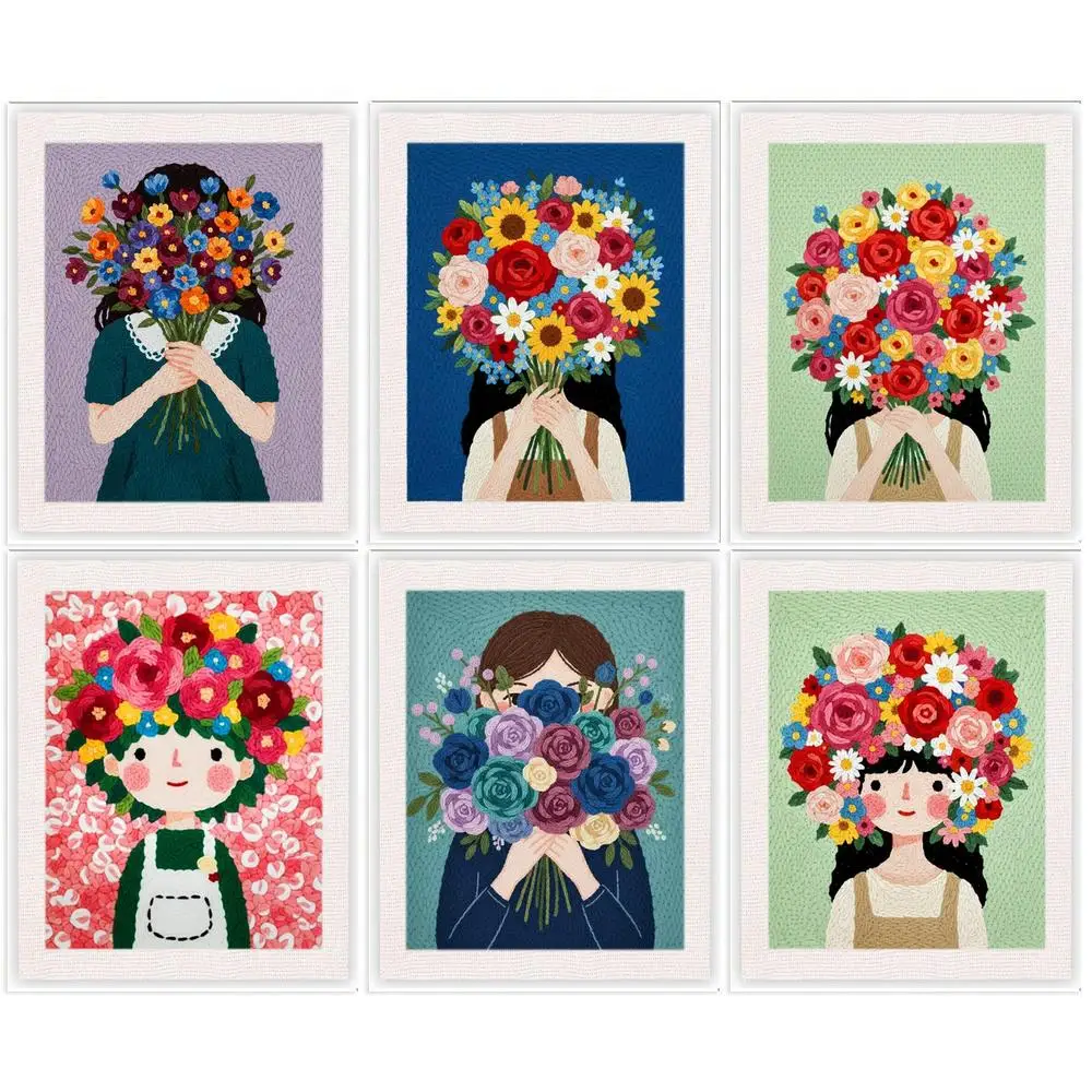 

DIY Punch Needle Kit for Beginners Embroidery Punch Needle Starter Craft Set Flower Frame Embroidery Kit 25x30CM Gift Decoration