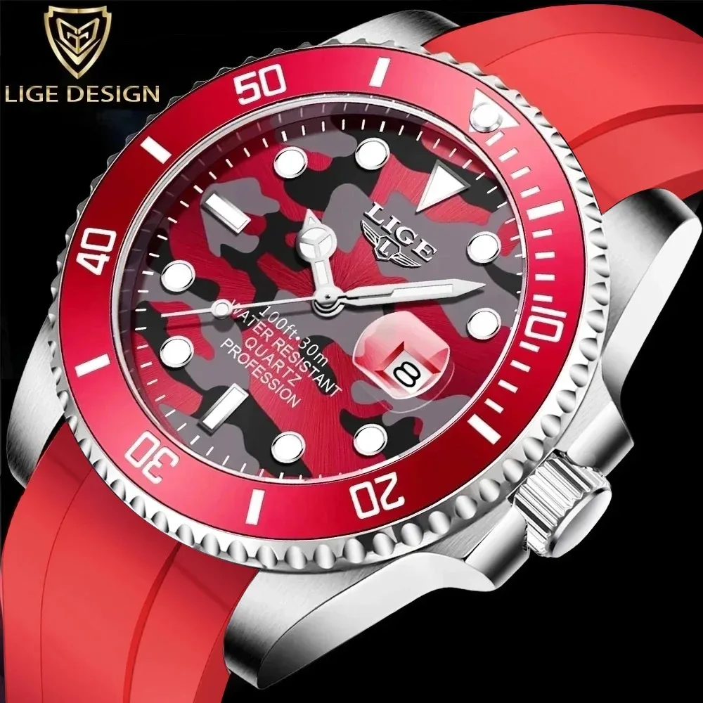 LIGE Outdoor Sport Quartz Wristwatch Creative Red Camouflaged Mens Watches Luminous Date Watch Man Male Clock Waterproof