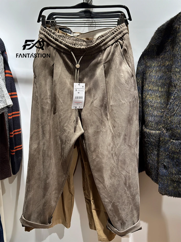 

FANTASTION faux suede leather Loose wide leg pants Adjustable lacing at the waist pleated pants