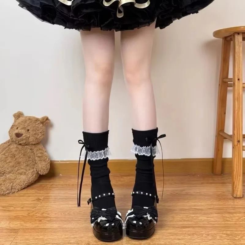 Lolita über Kniestrümpfe, Baumwolle, süße Spitze, Schleifenband, Kawaii, wadenlange Socken, oberschenkelhohe Strümpfe, JK Cosplay-Zubehör
