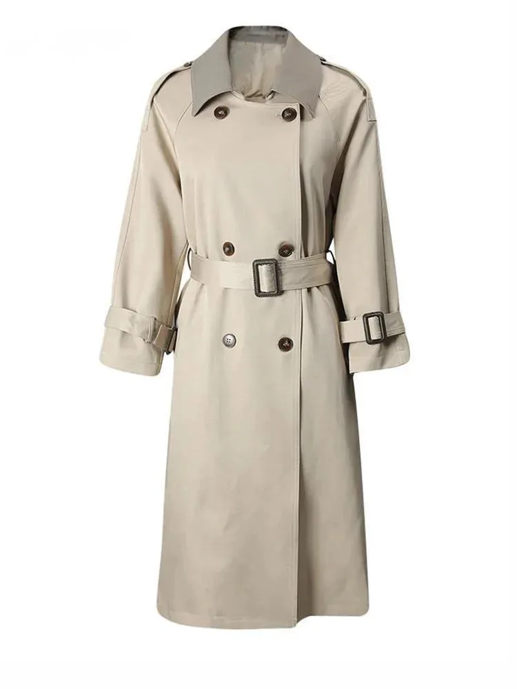 

Women Khaki Double Breasted Big Size Long Trench New Lapel Long Sleeve Windbreaker Fashion Tide Spring Autumn
