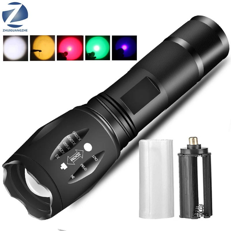 

XM-L2 U3 T6 Tactical Led Flashlight Zoomable Waterproof Torch White Yellow Red Green Blue 6 Colors Uv Light Lantern for Camping