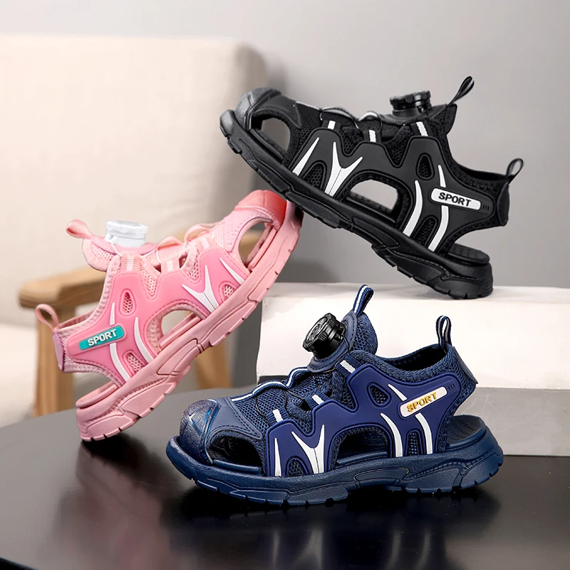 

Детские дышащие летние сандалии для мальчиков и девочек, повседневные уличные спортивные сандалии, модные пляжные туфли с закрытым носком 2026