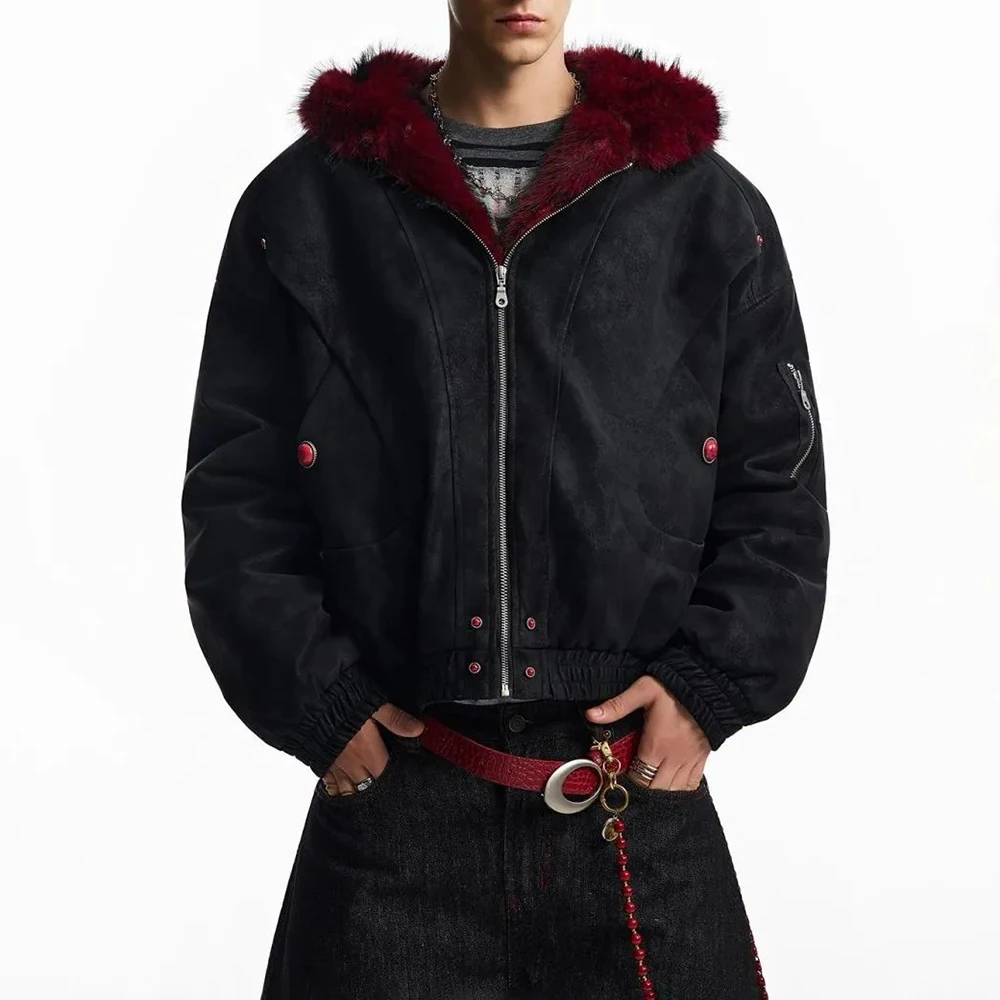 2025 Winter New Men's Patchwork Hooded Long-Sleeve Jacket American Retro Fashion Trendy High Street Loose Casual Niche Men's Top