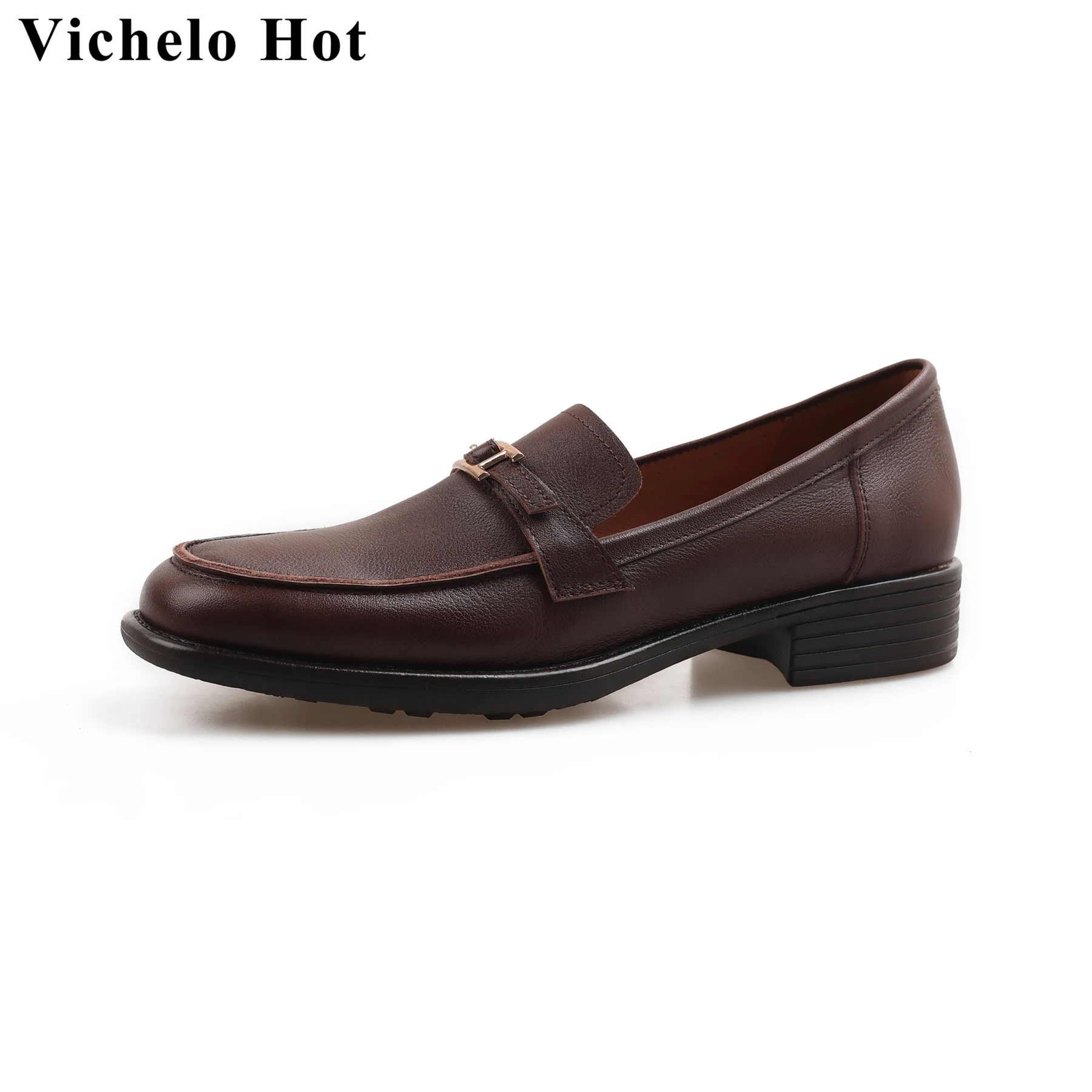 

Vichelo Hot 2024 Superstar Cow Leather Round Toe Med Heels Spring Shoes Vintage Office Lady Classics Slip On Brand Women Pumps