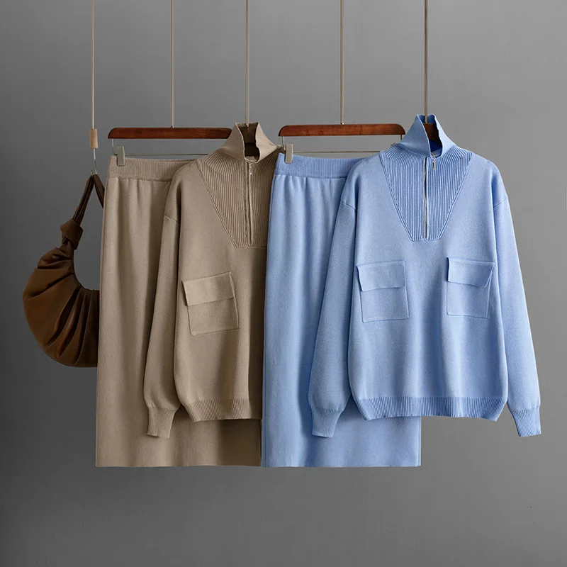 

Autumn and Winter Women's Knitted Lapel Half Zipper Solid Color Pullover Top+slim Fit Temperament Bag Skirt Two-piece Set Wh1
