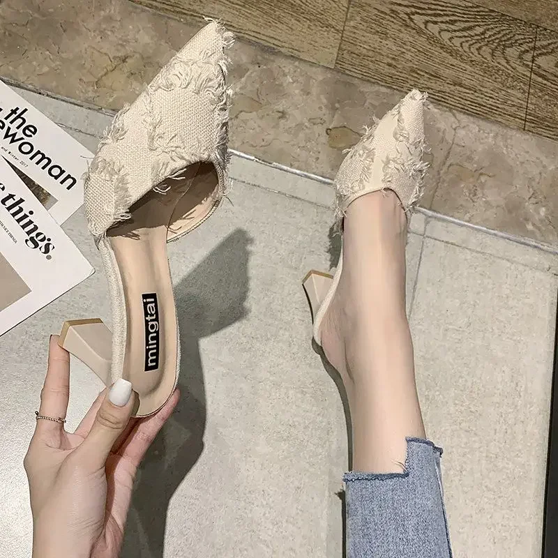 Indoor Outside Off White Shoes for Women Job Sandals Woman Slippers Mules Furry Heeled Sexy Pointed Toe Slides Wholesale W Eva F