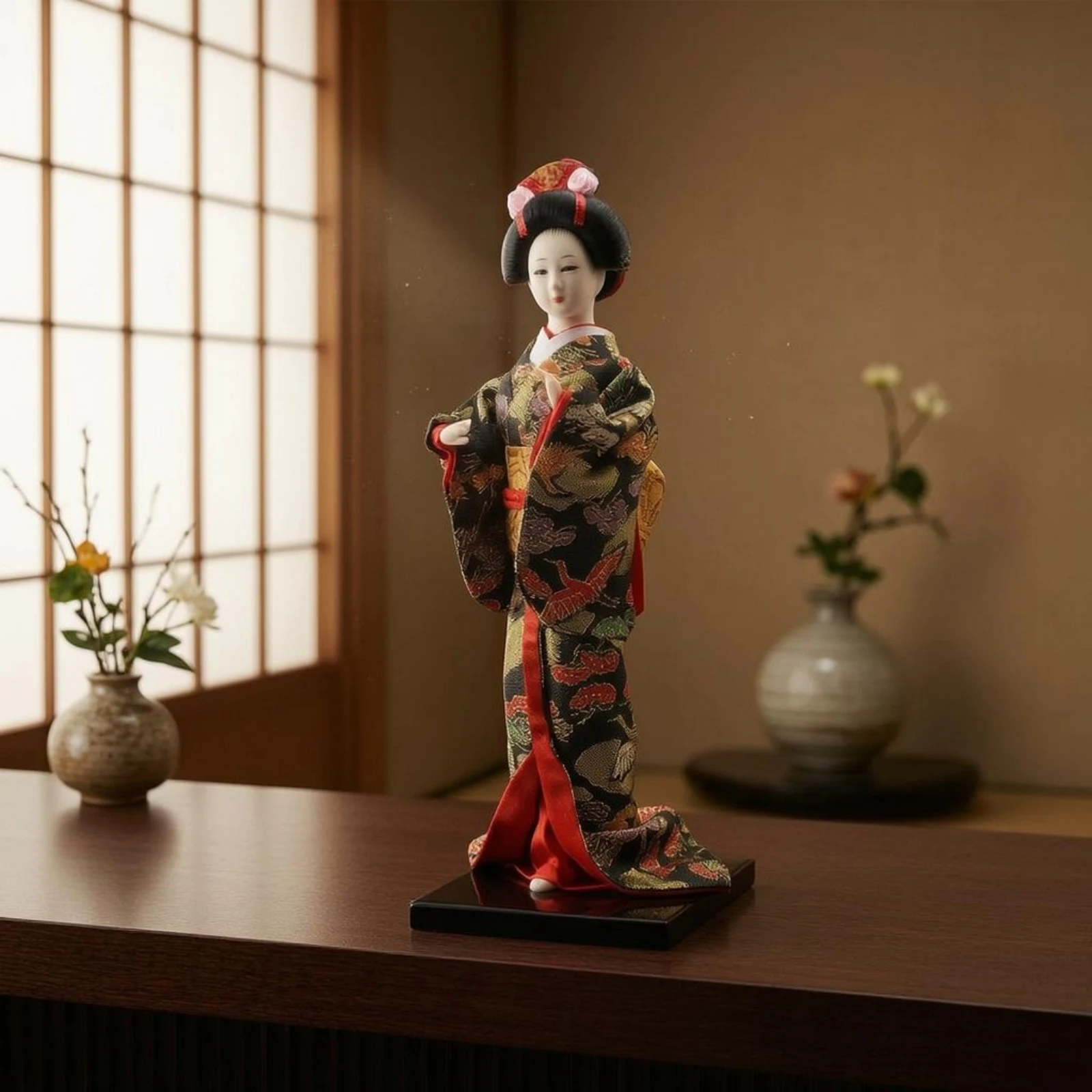 

Japanese Geisha Figurine Ornamental Hairpieces Tabletop Geisha Doll Kimono Doll Square Black Base