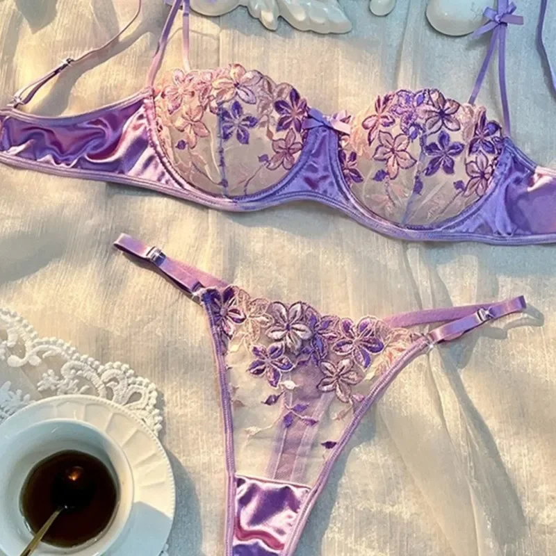 

Sexy Lingerie Set Women Floral Lace Push Up Bra Erotic Full Coverage Transparent Underwear Anti-Sagging Support