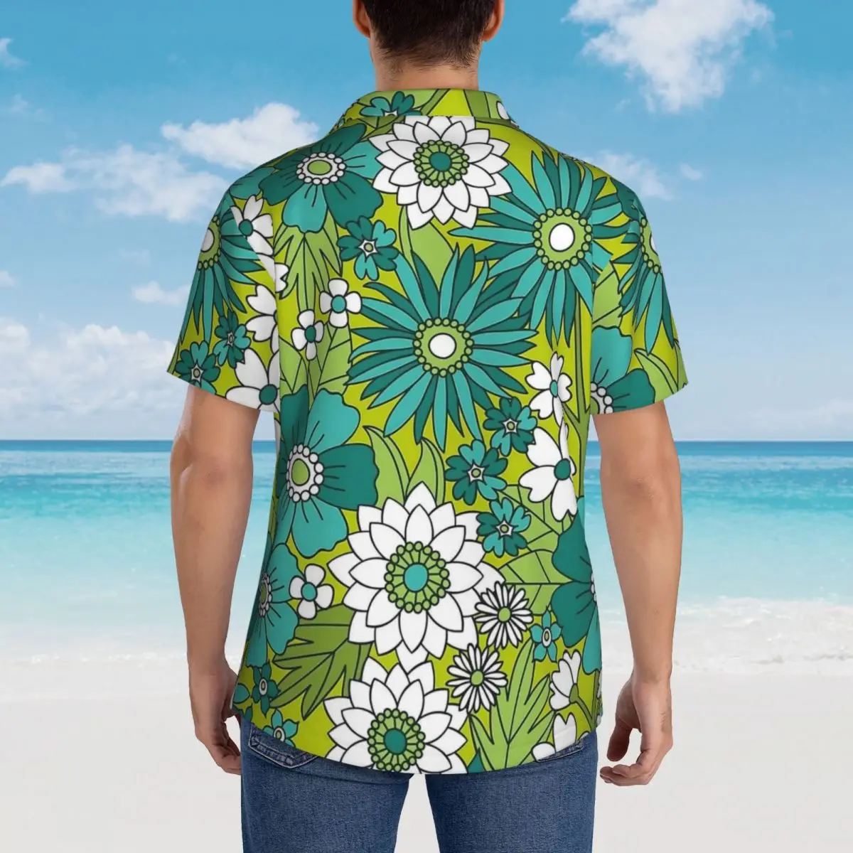 Groovy Flower Power Green Hawaiian Shirt Man Beach Casual Shirts Short Sleeves Korean Fashion Graphic Vintage Oversized Blouses