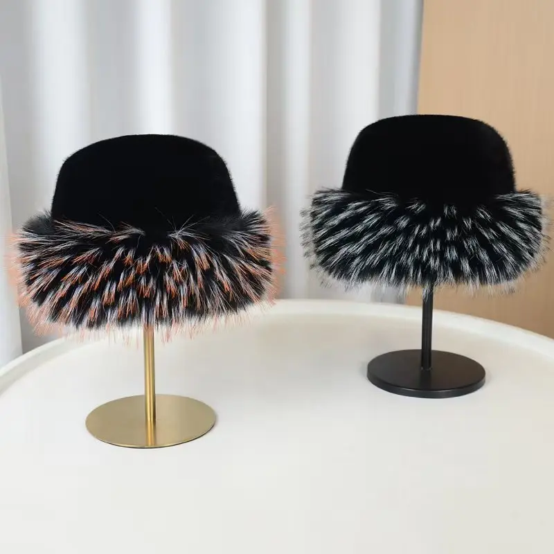 New Warm Fluffy Fur Bucket Hat Cold Thicken Panama Cap Ear Protection Cover Head Cap Winter Hat Women