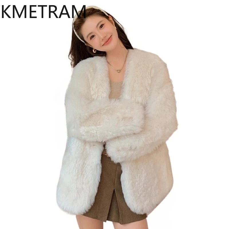 천연 투스카니 양털 양면 퍼 재킷 여성 고품질 V넥 화이트 리얼 퍼 코트 겨울 여성 의류 2025