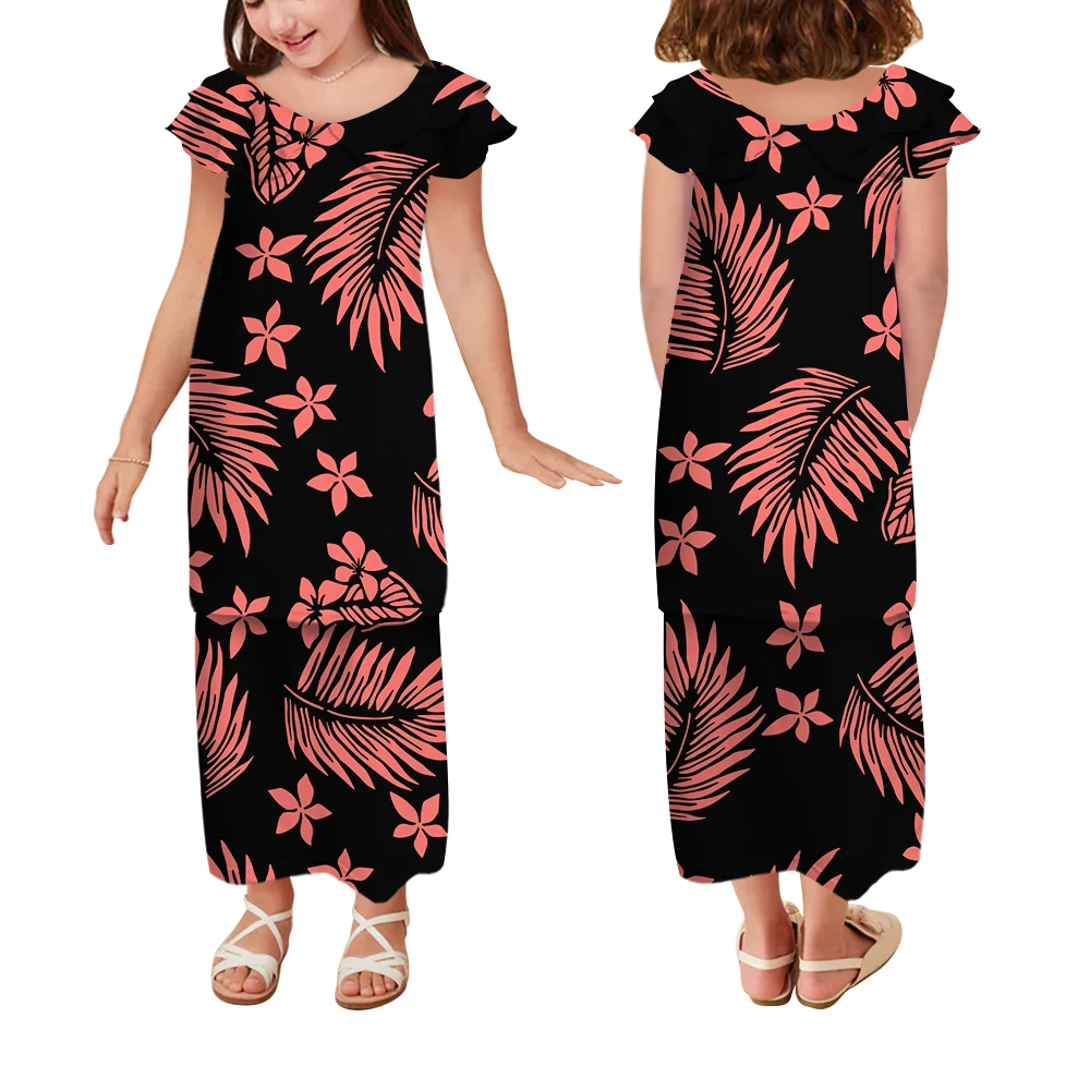 

Girls' Summer New Casual Crew Neck Dress Children's Lotus Sleeves Puletasi Polynesian Tribal Print Custom Maxi Dress