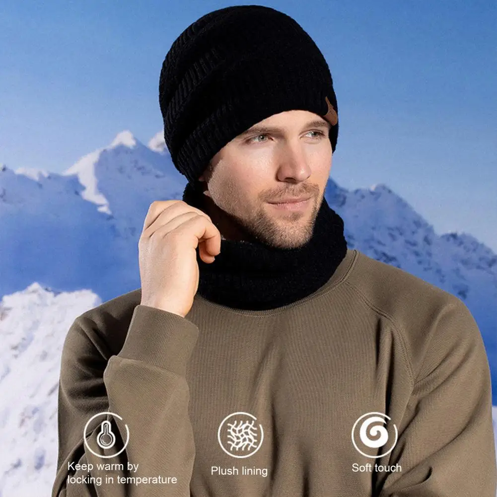 Men Winter Hat Scarf Gloves Wool Knit Hat Set Winter Outdoor Cycling Set Plush Knitted Hat Scarf Gloves with Ear for Neck