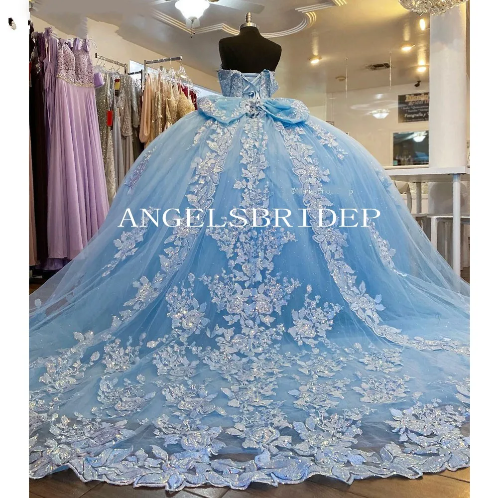 Angelsbridep Sky Blue Beading Princess Ball Gown 15 Year Old Girls Quinceanera Dresses Luxury Appliques Vestidos De 15 Años