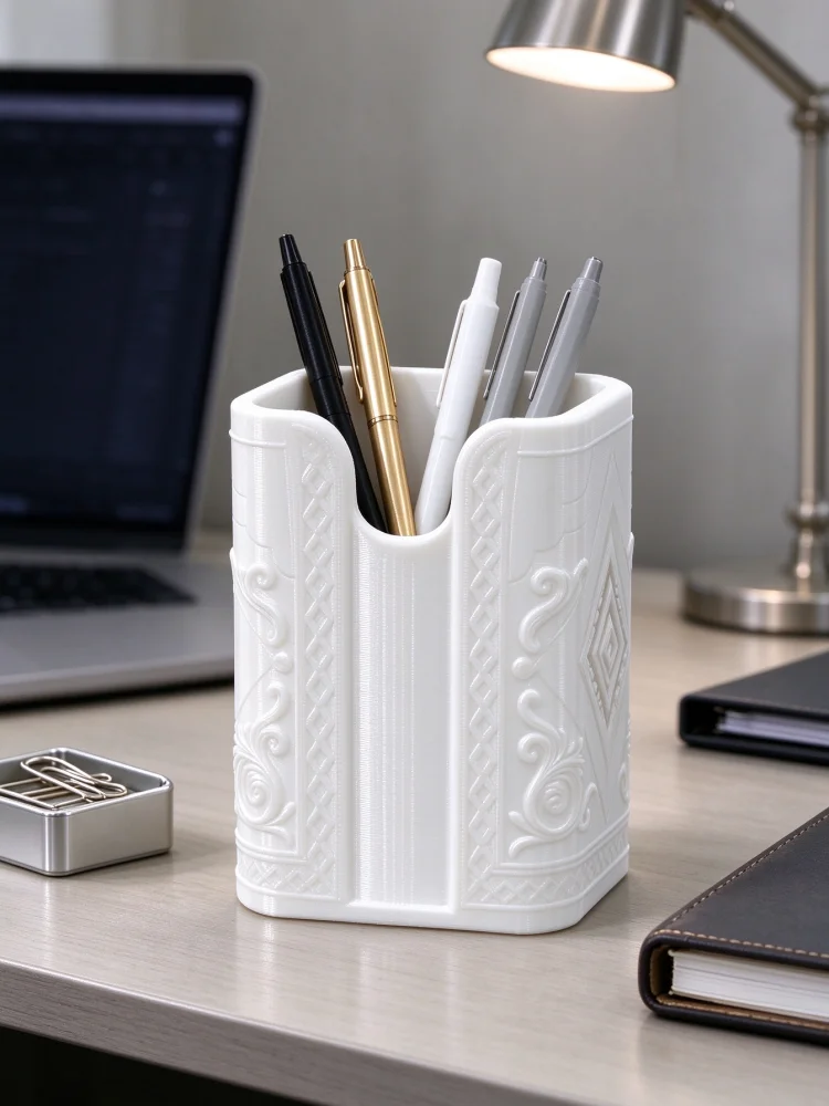 High-End White Petg 3D Printed Pen Holder with Embossed Vintage Scrollwork Design, Delicate Texture Surface, Elegant and Luxurious Feel, Square Notch Opening Design, Modern Minimalist Classic Aesthetics, Office Stationery Desktop Organizer, Can Hold Pens, Pencils, Scissors, Rulers, Durable, Lightweight, Drop-Resistant, Space-Saving, Height 9.5cm, Suitable for Office, Home, Student Desks, Dressing Table Makeup Brush Storage, Desktop Decoration and Storage Ornament