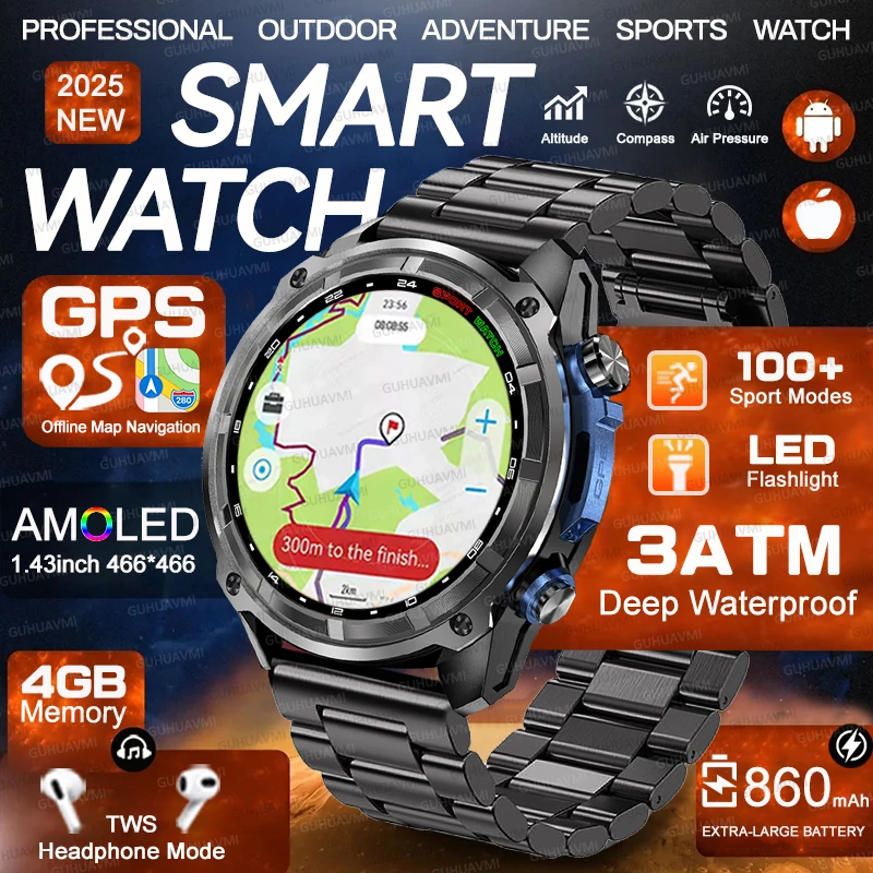 2026 Sport Military Grade Offline Map GPS Positioning Smart Watch 4GB Memory 3ATM Waterproof 860 Mah Battery HD Talk Sport Watch