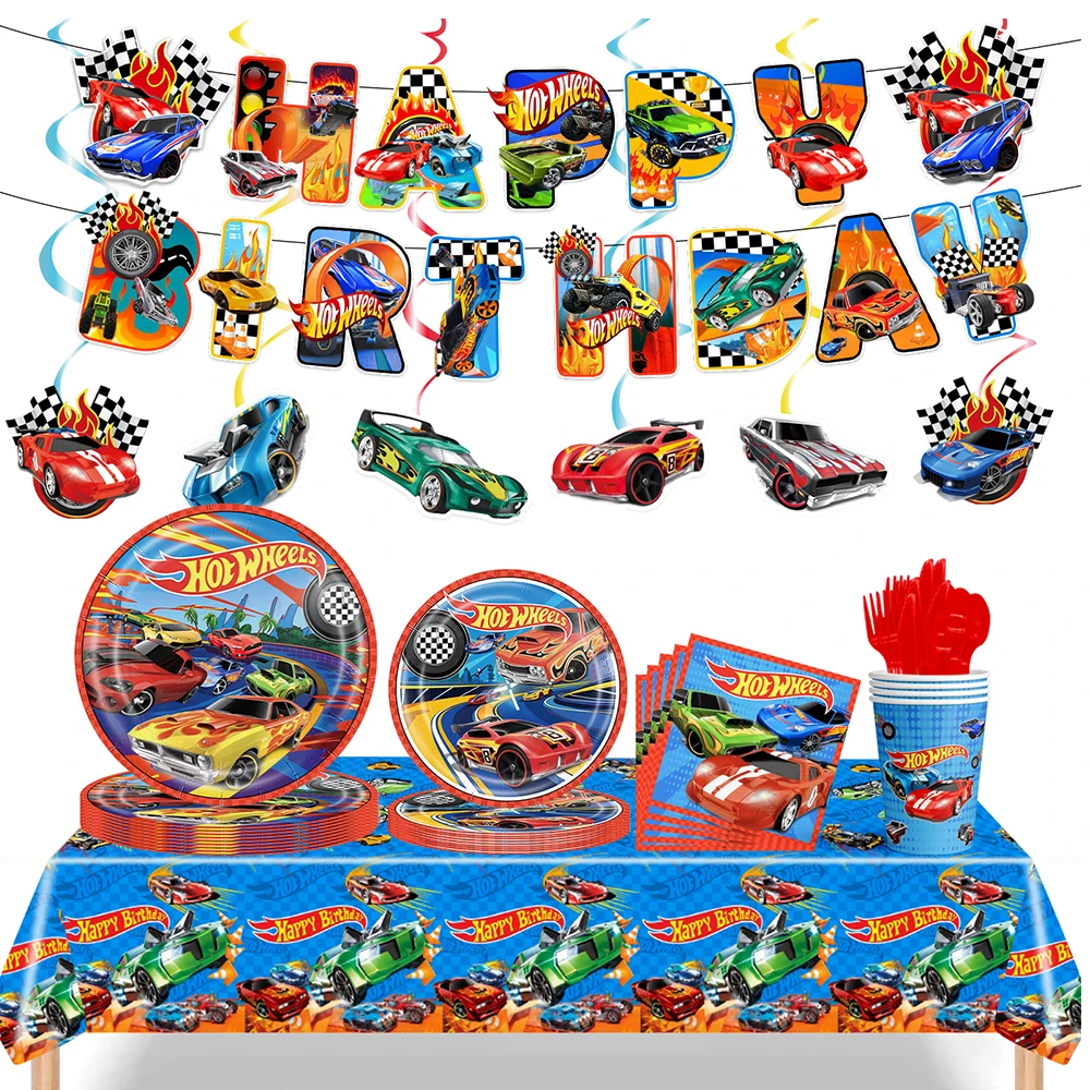 Hot wheels decoraciones de cumpleaños coche de carreras tema papel vajilla desechable globos telón de fondo suministros para eventos de fiesta juguetes clásicos