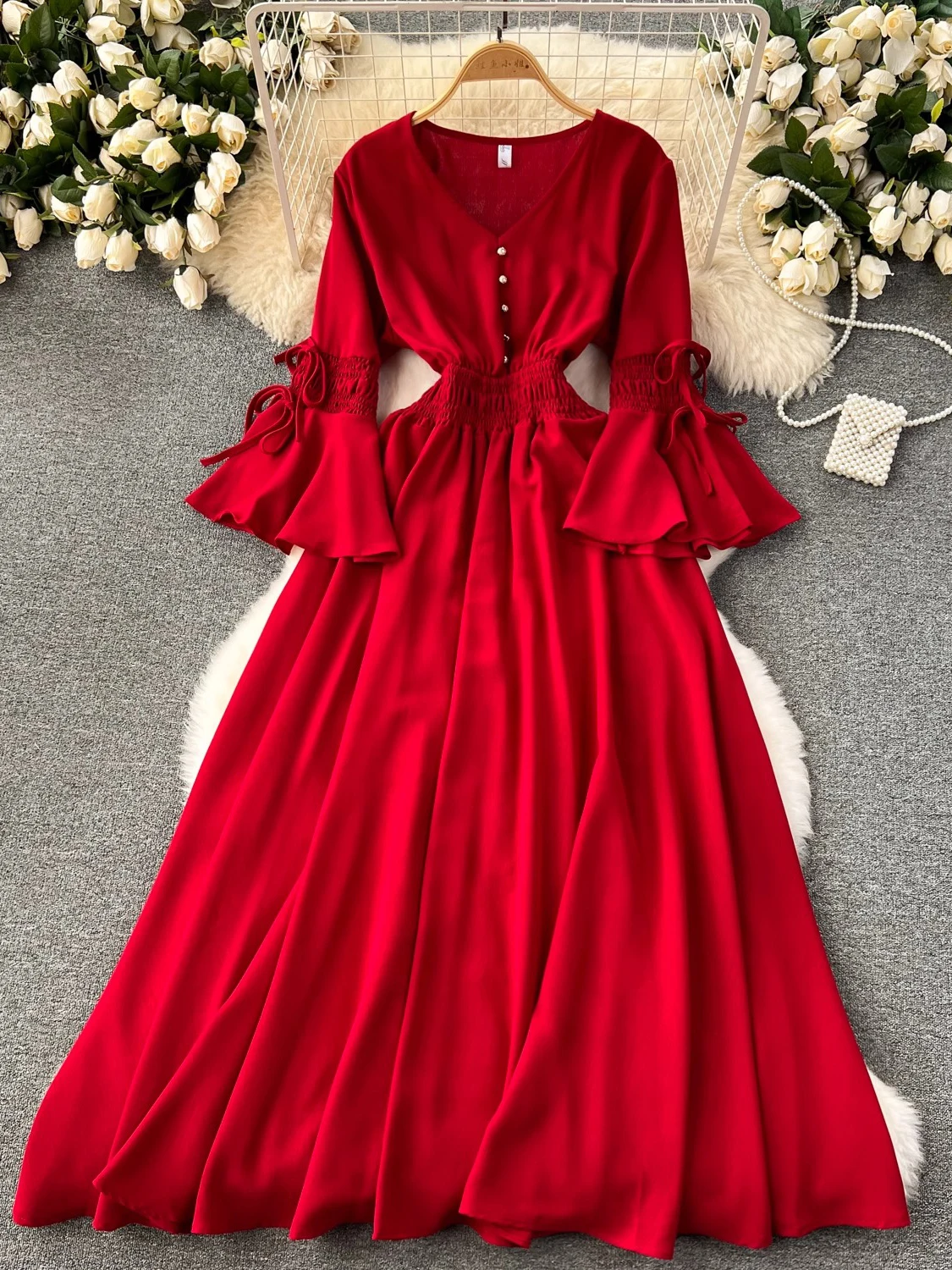 Spring Autumn Green/Red/Purple/Blue Long Dress Women Elegant V-Neck Flare Sleeve High Waist Holiday Beach Maxi Robe Vestidos New