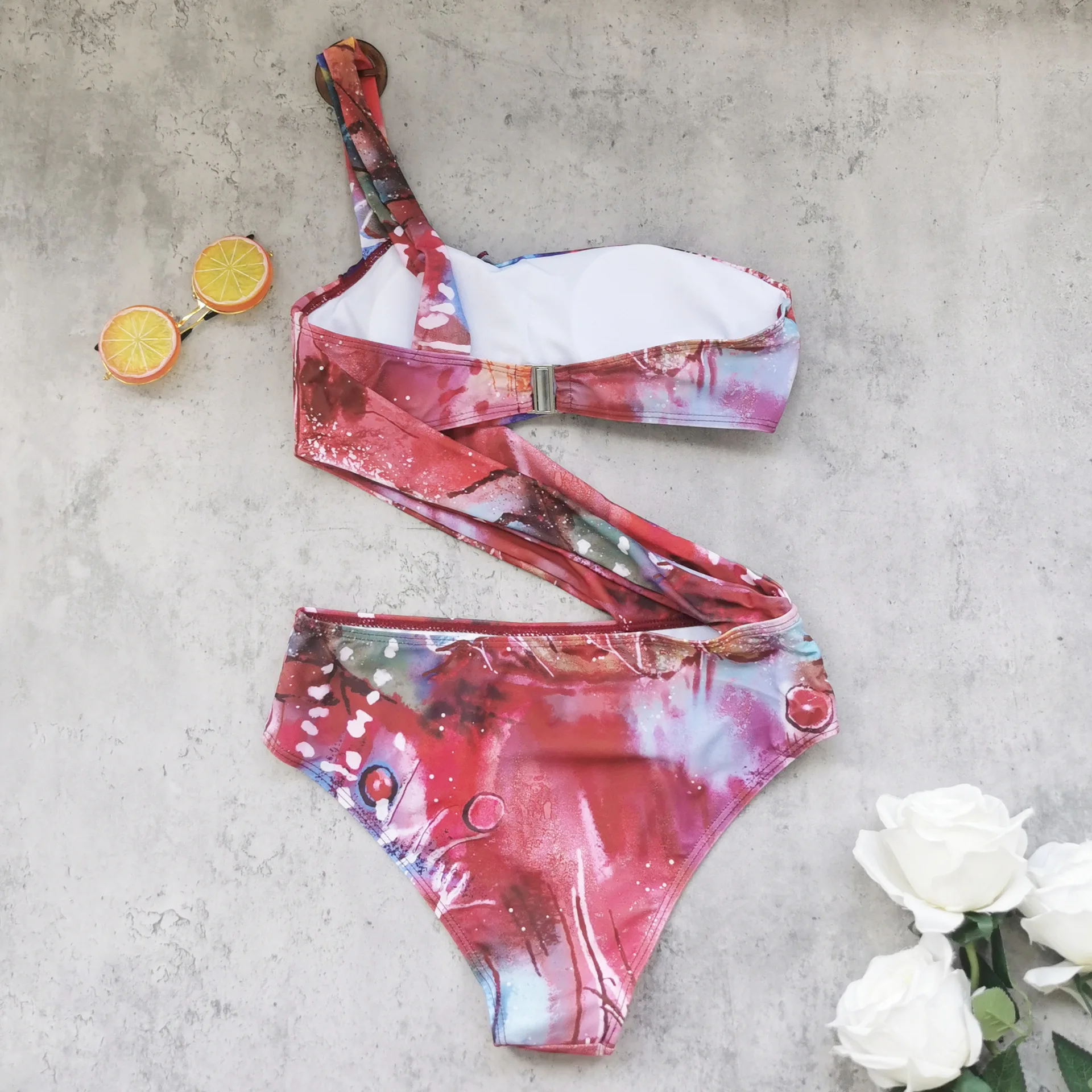 2025 novas estampas retrô de alta qualidade maiô de uma peça e saia impressão um ombro conjunto biquíni feminino roupa de banho