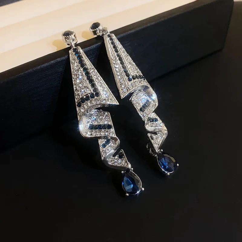 Women's Vintage Blue Water Drop Crystal Clip Earrings