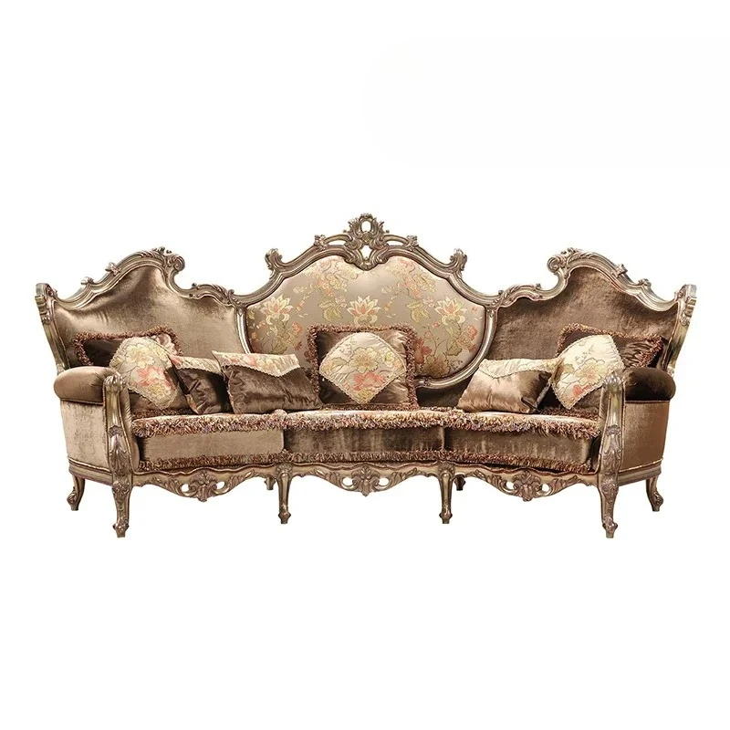 

French classical light luxury solid wood carving flower palace style villa household curved multi-person sofa combination