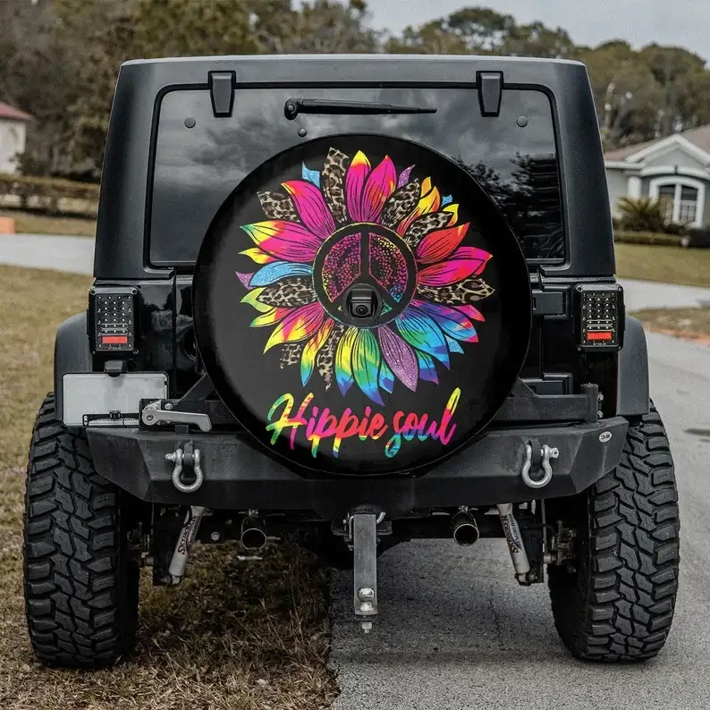 Hippie soul Sunflower Peace Love Camper Truck, Halloween Gift, Gift For Father, Spare Tire Cover For Car, Personalized Camper Ti