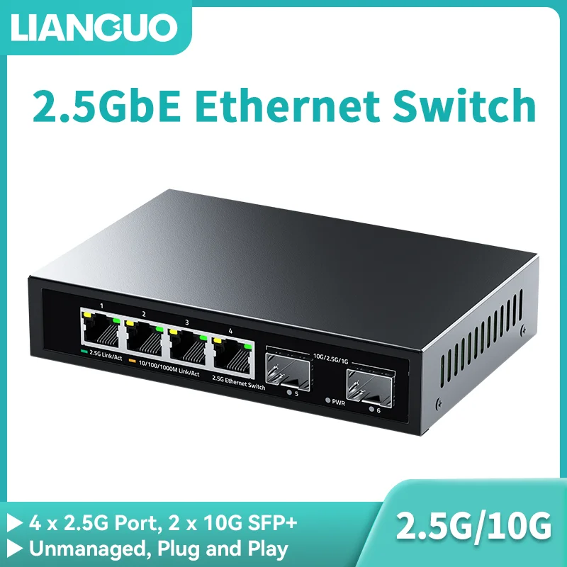 LIANGUO 2.5G Switch 4 Port 2.5G Unmanaged Network Switch with 2 Port 10GbE SFP+ Slot Homelab Setup Ethernet Switch Plug and Play