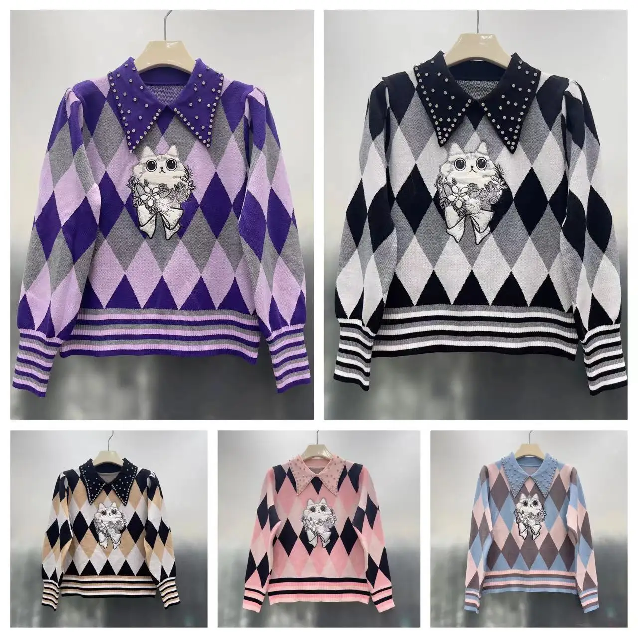 New French Vintage Knitted Sweater Women Cartoon Embroidery Argyle Contrast Color Long Sleeve Lapel Beading Pullover Tops Y2k