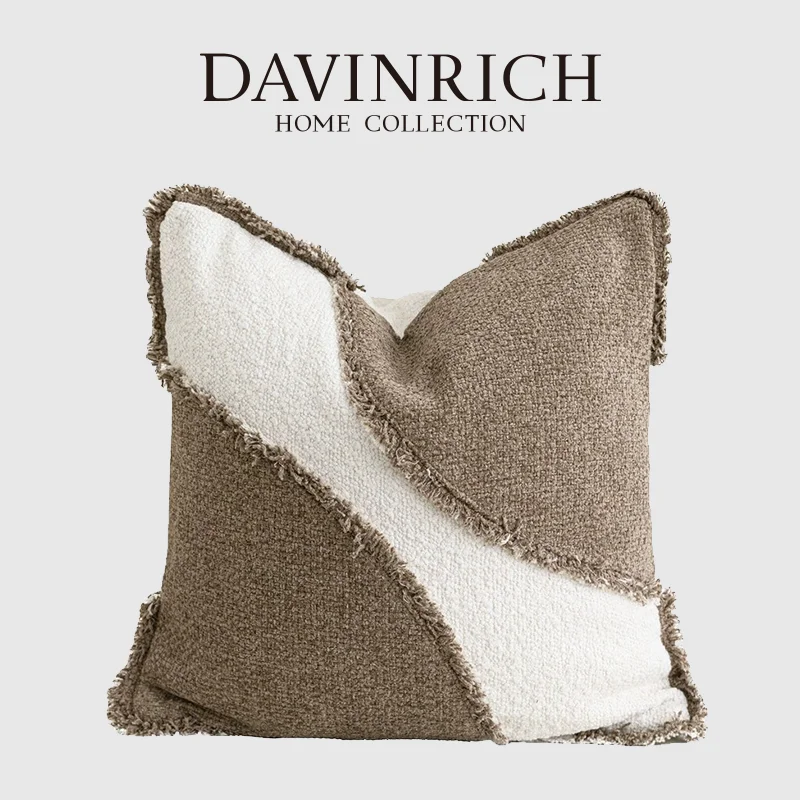 DAVINRICH Premium Modern Wabi-Sabi Style Pillow Case Greige And Cream Two Toned Fringed Cushion Cover For Sofa Or Model Room