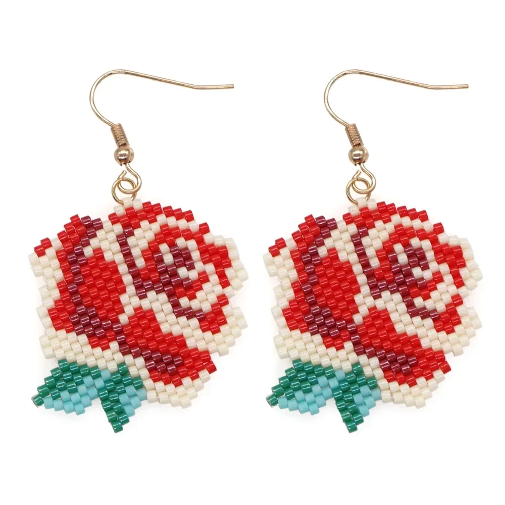 

Beaded Earrings Hand knitting Versatile Trend Rose personality Simple Bohemia Alloy Female Creativity Pattern Rice Bead Earrings