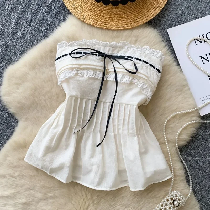 Koreaanse strapless borduurblouse vrouwelijke strik slanke geplooide hotsweet top streetwear backless bohemien vakantie hemdje