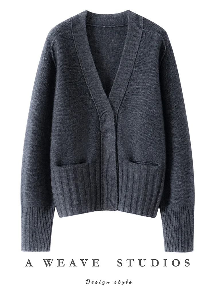 

Gray Women Cashmere Sweater V-neck Invisible Pockets Buckle Cardigan Office Lady Autumn Winter 100% Cashmere Knitwear Thick Tops