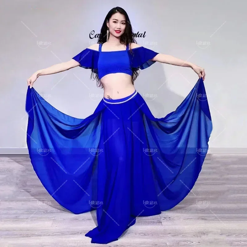 

Костюм для танца живота, топ на подтяжках, рукава с открытыми плечами, юбка с разрезом, тренировочный костюм, женский костюм для восточных танцев