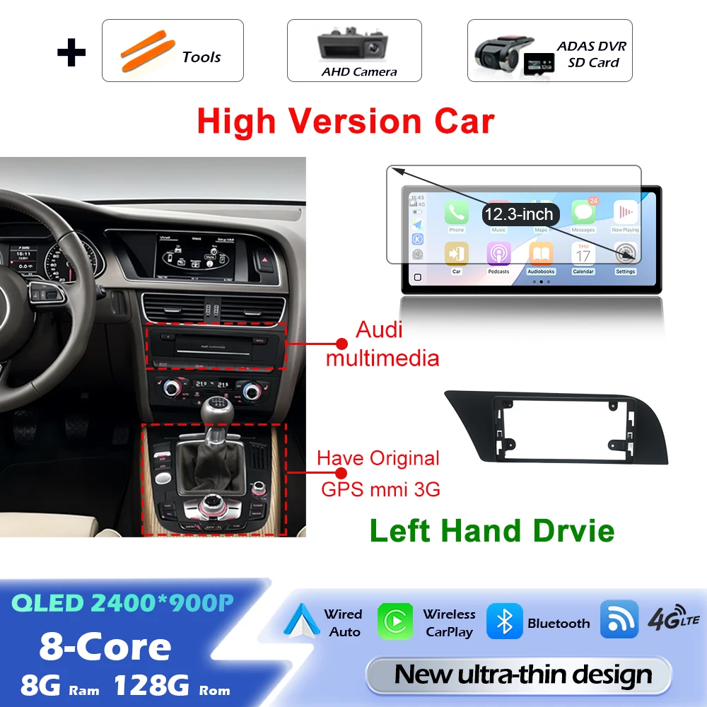 Android 16 draadloze Carplay autoradio multimediaspeler GPS navigatie ultradunne scherm DSP stereo WiFi voor Audi A4 B8 A5 2009 - 2016