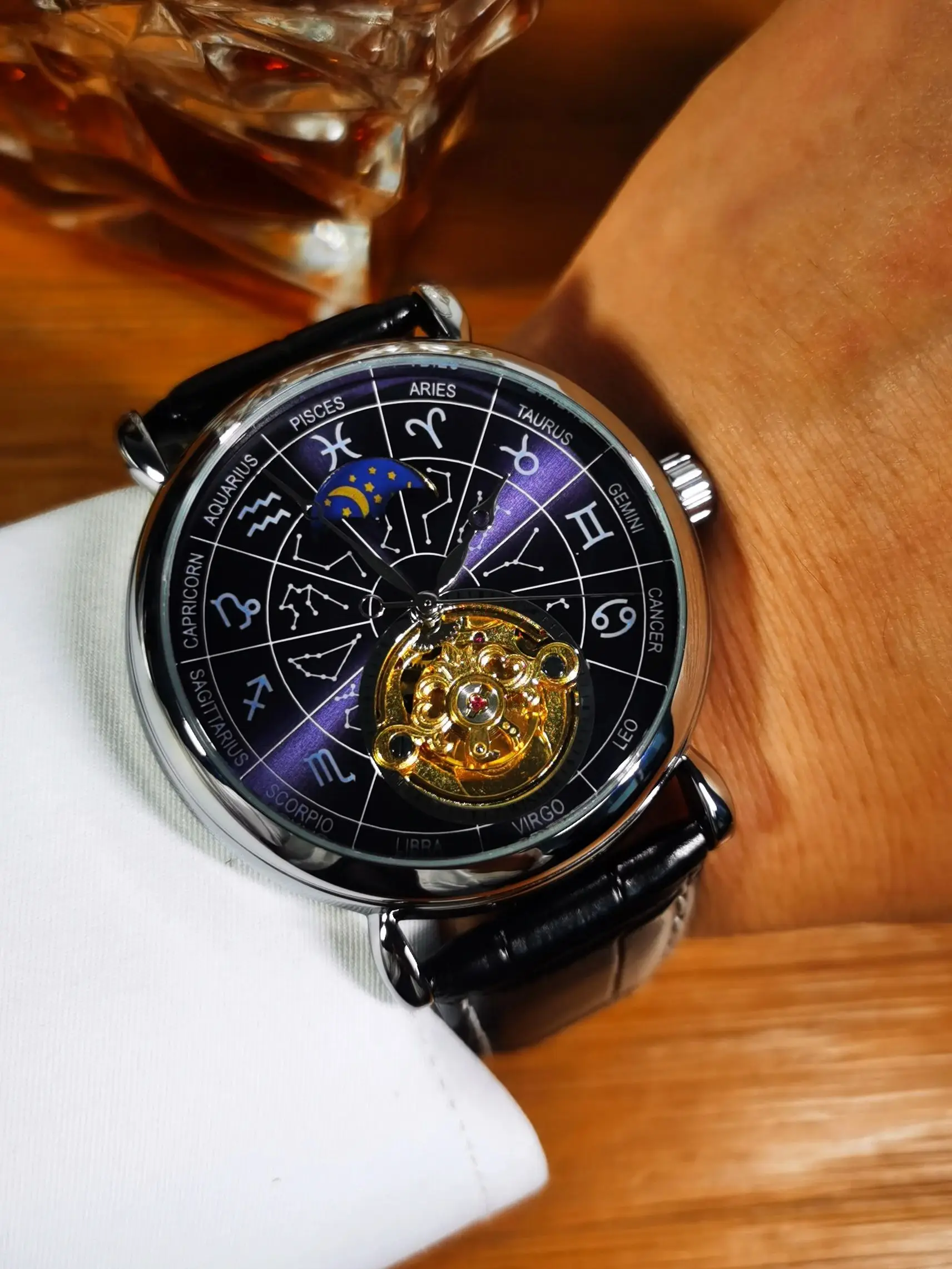 Men Mechanical Watches 12 Zodiac Constellations Astronomical Luminous Dial Luxury Skeleton Automatic Watch Genuine Leather Strap