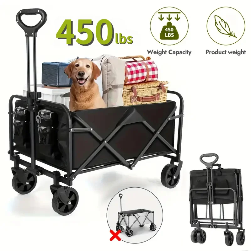 Carro plegable, carro de jardín utilitario plegable de alta resistencia de 330/450LB con ruedas de coche de almacenamiento para terreno, bolsillos laterales, C portátil