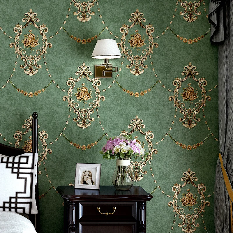 Olive Green Wallpaper American Retro 3D Embossed European Countryside Living Room Home Bedroom Background Non Self Adhesive Wall