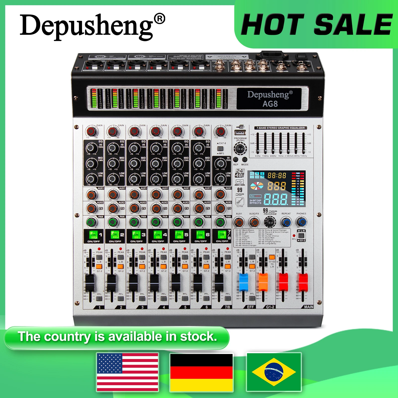 

Depusheng AG8 8 Channel Mixer Professional audio console mixer DJ console for audio stage 99 DSP digital effects