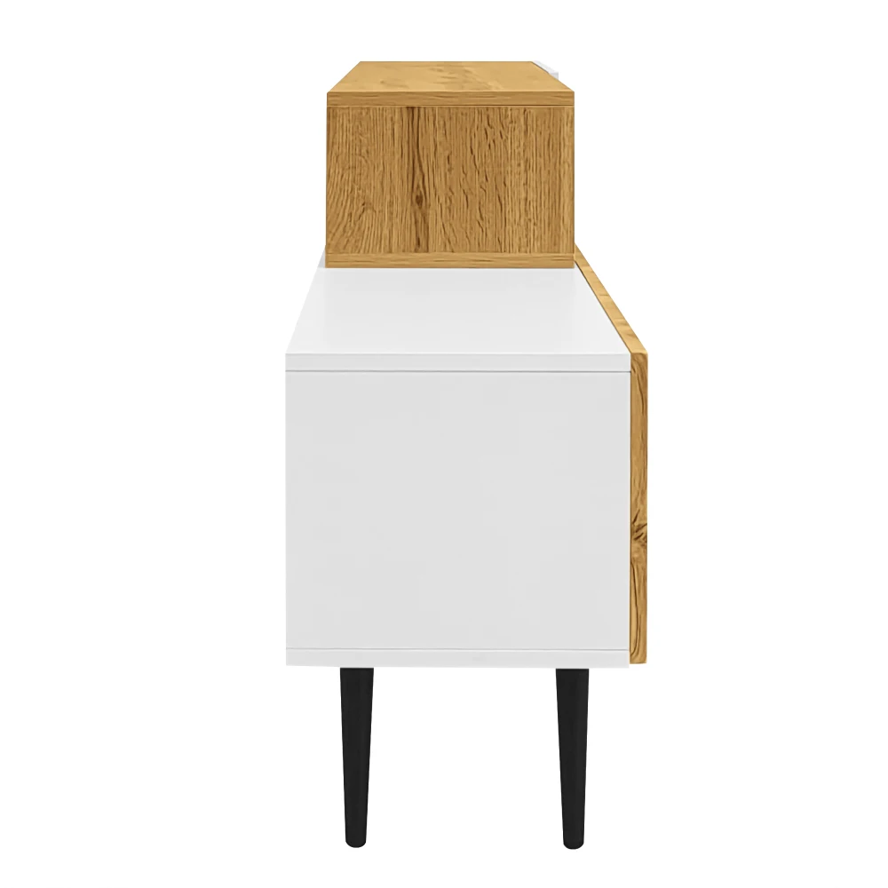 Moderner TV-Schrank mit verstellbarer Länge, Holzoptik + weiß matt, schwarze Metallbeine, multifunktionale Wohnzimmermöbel – Detail 14