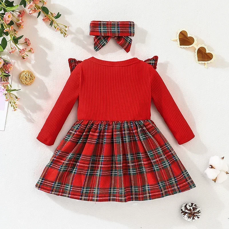 Dress For Kids 3 Months - 3 Years old Birthday Long Sleeve Christmas Red Grid Princess Formal Dresses Ootd For Baby Girl