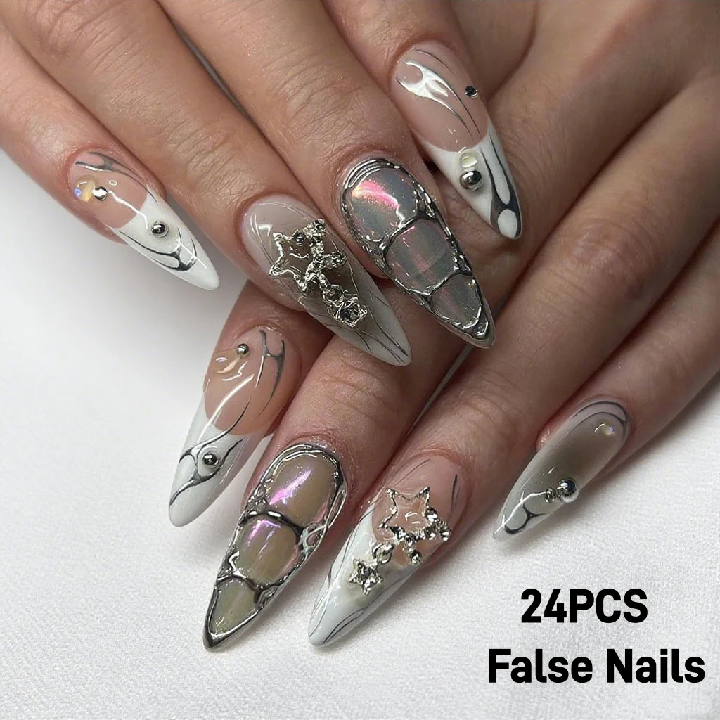 

24PCS White French Spice Girls Press on Nails Women Sweet Cool Butterfly Almond False Nails for Spice Girls Wearable Ins Nail