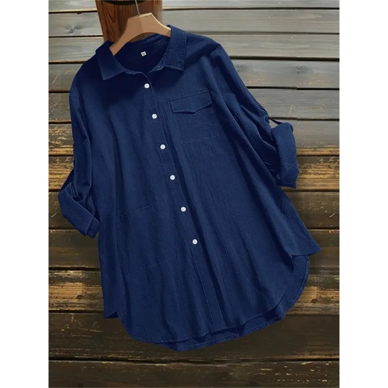 Plus Size 2024 Summer New Women's Single Row Button Down Shirt Pure Color Pocket Lapel Summer Optimal