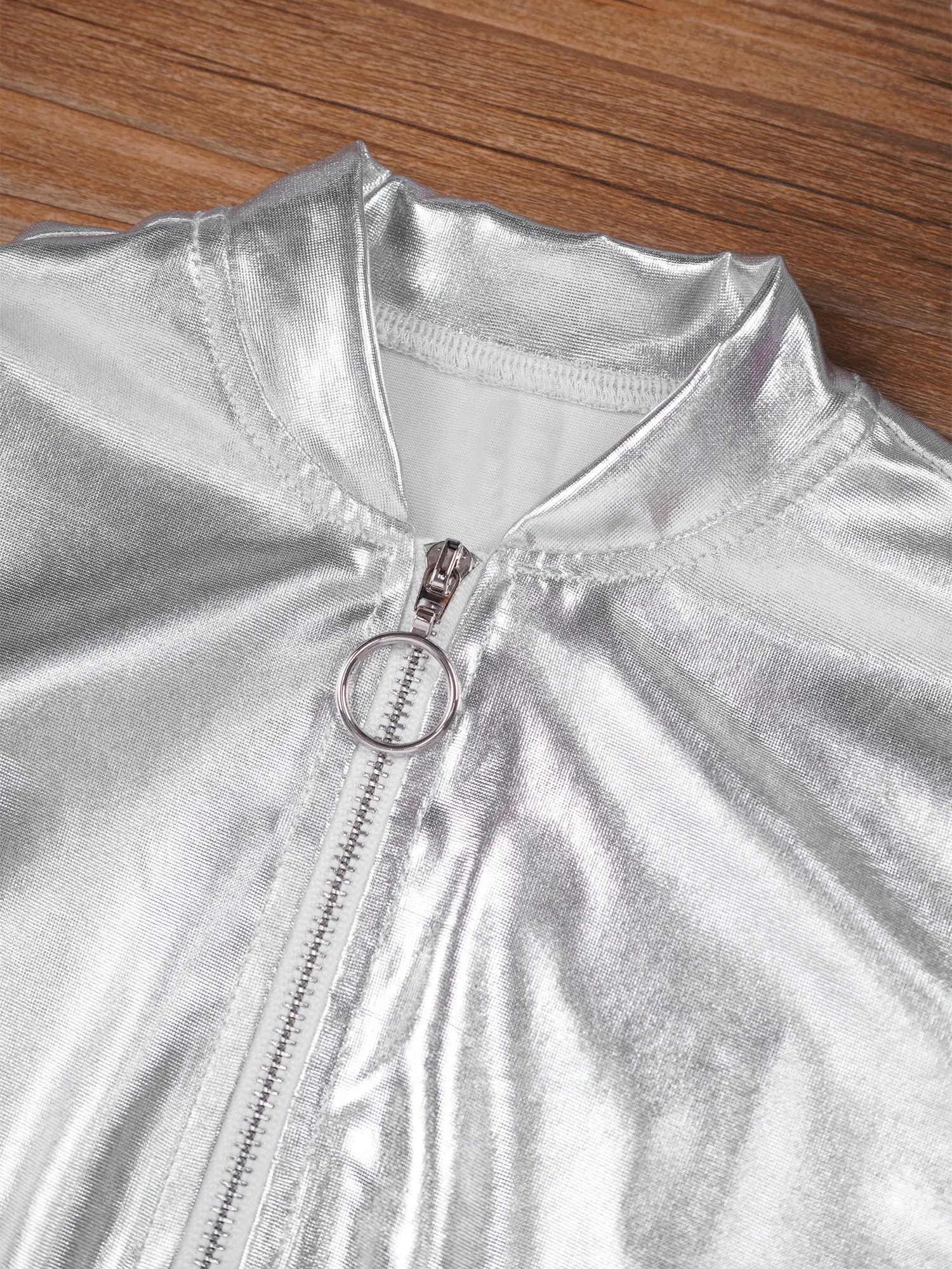 

Kids Girls Sports Suit Hip Hop Dance Costume Spaghetti Shoulder Straps Vest+Long Sleeve Zipper Metallic Jacket Coat+Shorts 3Pcs